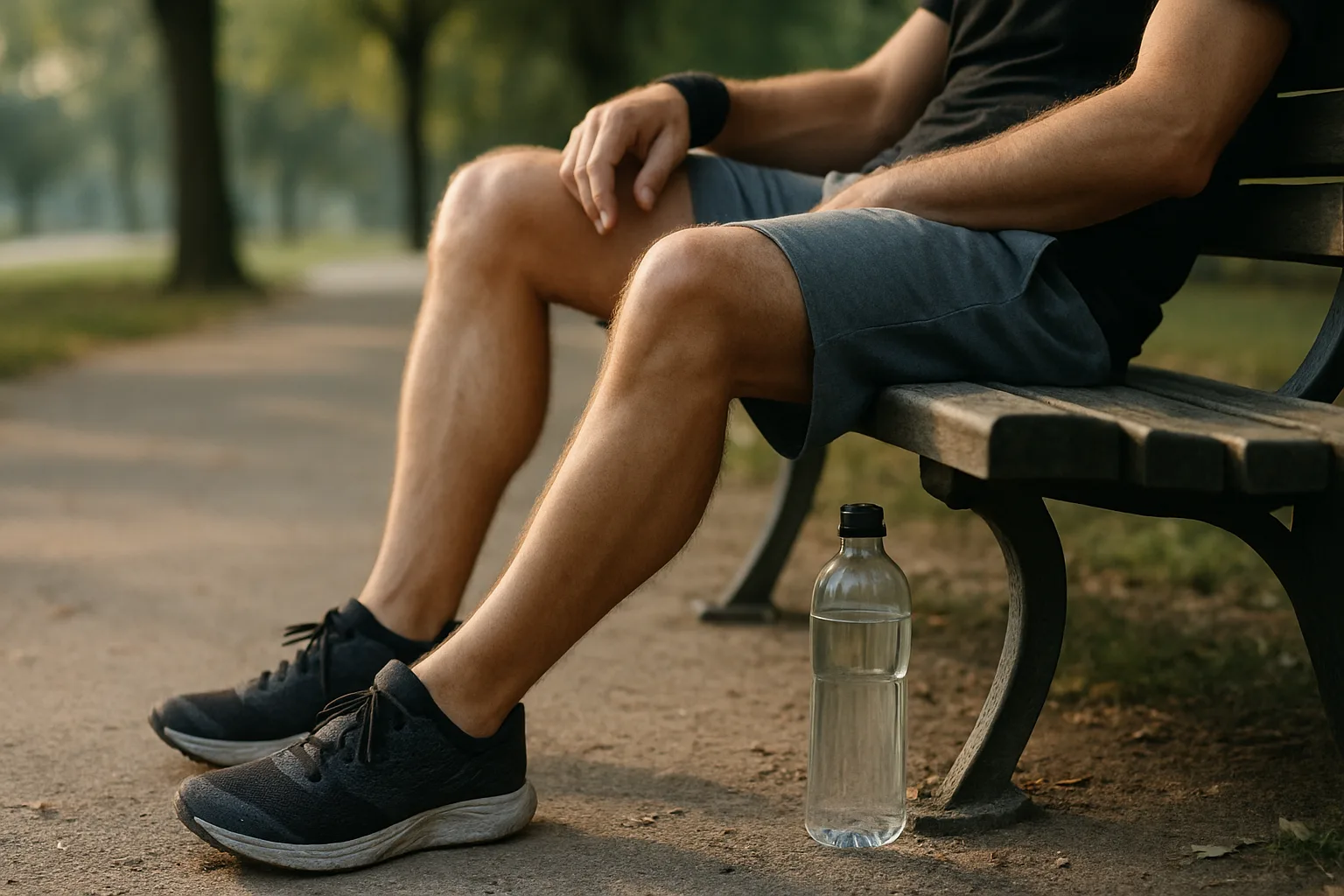 Jambes d’une personne au repos après une séance de sport, près d’une bouteille d’eau.