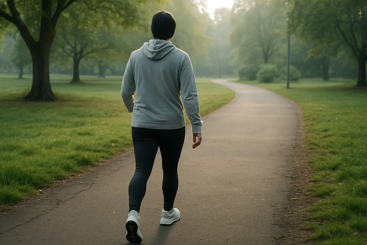 Une personne marche sur un chemin de parc avant de reprendre progressivement une activité sportive.